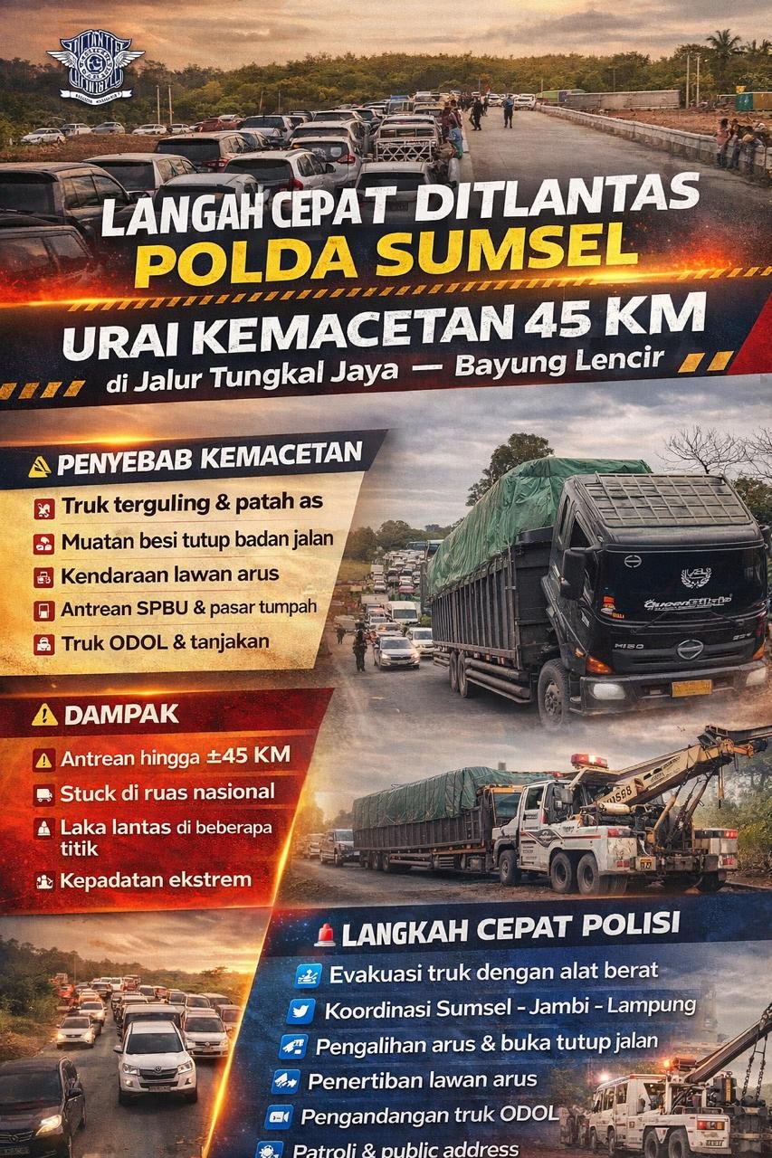 Gerak Cepat Polantas Sumsel Dalam Mengurai Kemacetan Parah Atasi Antrean 45 Km di Jakur Tungkal Jaya – Bayung Lencir